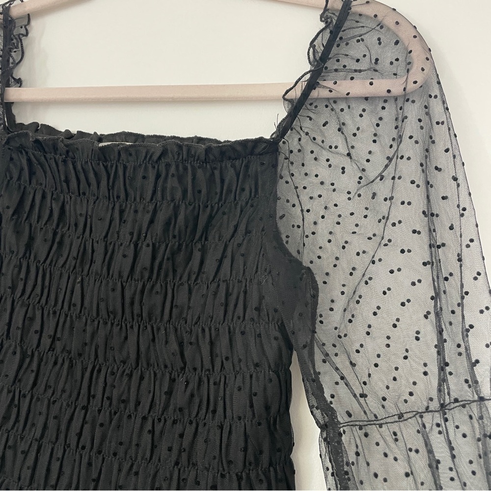 Black Sheer Swiss Dot Puff Long Sleeve Smocked Crop Top Small - Picture 4 of 6